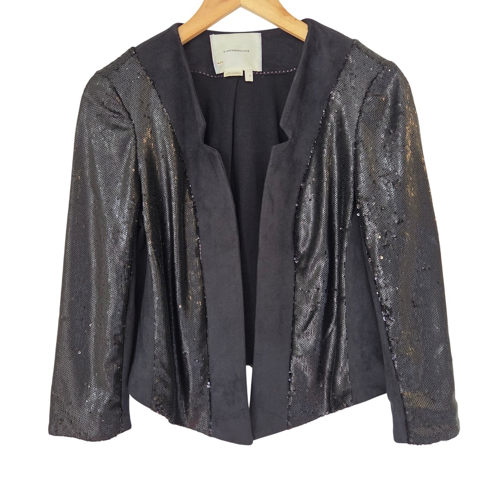Anthropologie Black Sequin Faux Suede Open Front Blazer Jacket Womens Small